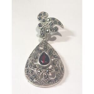 925 Sterling Silver Marcasite Garnet Teardrop Filigree Boho Pendant Vintage